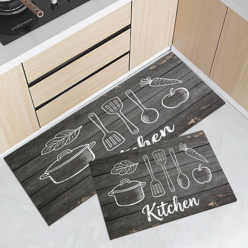 VIKAMA Dark Wood Sketch Kitchen Utensil Runner Mat Waterproof Oilproof Non Slip Anti Fatigue Hand Drawn Kitchen Floor Carpet