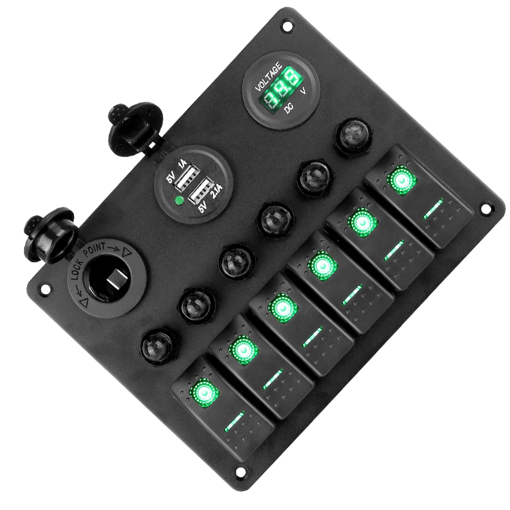 

Digital Voltmeter 6 Gang Rocker Switch Panel Car Marine Boat Circuit LED Breaker Aluminum Panel Dual USB Ports DC 12V/24V