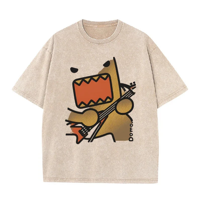 Domo Rock Guitar Graphic Print Vintage Washed Brown Casual Cartoon T-Shirt – Detail 6