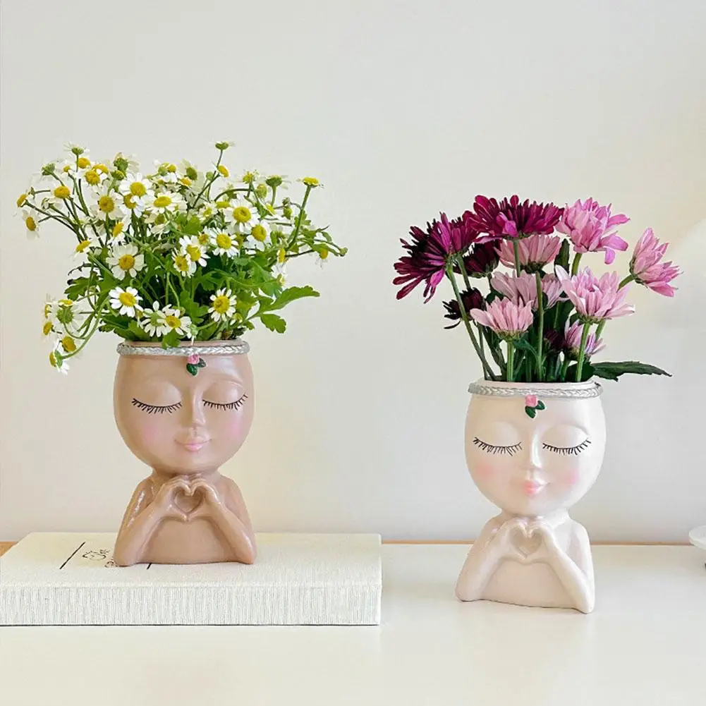 Creativity Flower Pot Resin Girl Face Planter With Drainage Hole Cute Unique Desktop Succulent Planter For Indoor Outdoor Decor