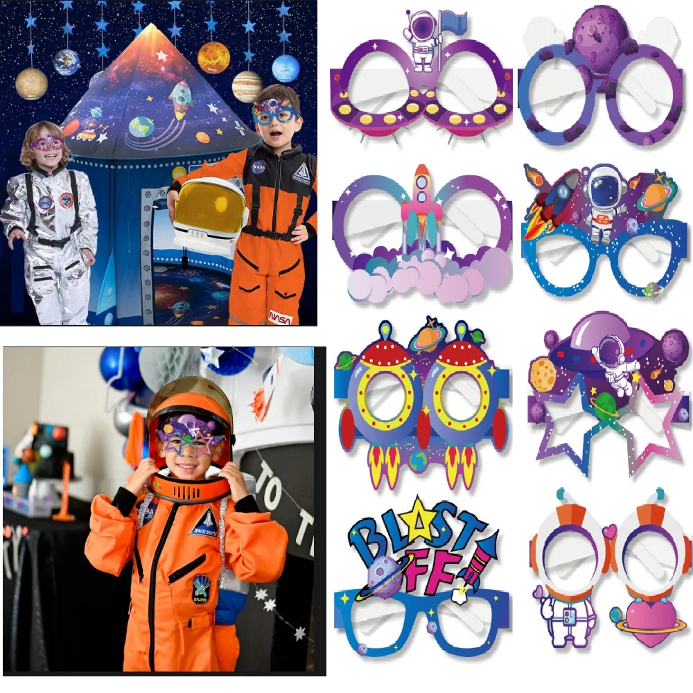 Space Theme Birthday Party Paper Glasses, Photo Prop, Rocket Ship, Astronaut Paper Glasses, Dress Up Supplies, 8Pcs Set