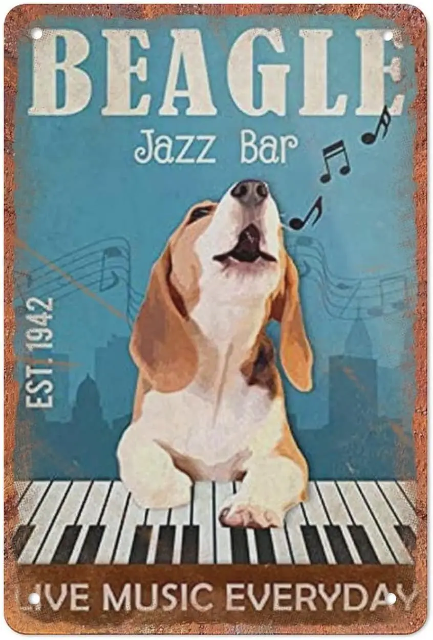 Funny Novelty Metal Sign- Beagle Dog Jazz Ba - Retro Wall Decor Gift for Man Cave Home Gate Garden Bars Cafes Office Store Club