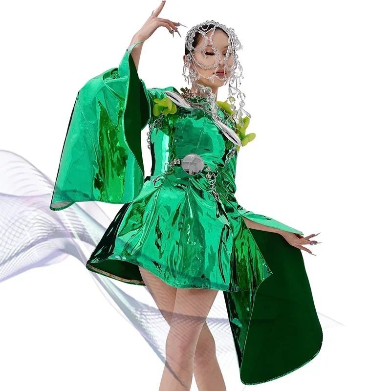 Newest Green Laser Mirror Stage Costume Futuristic Sense Music Festival Outfit Nightclub Gogo Dancer Performance Wear Set Dress