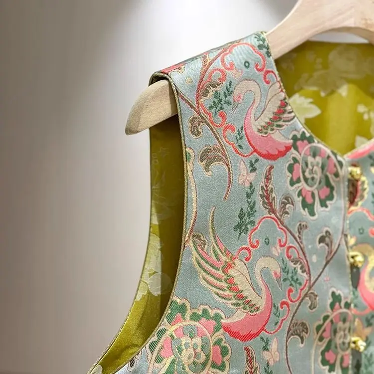 معطف سترة نسائي لربيع وصيف 2025 مطرز بدون أكمام من قماش الجاكار والطيور مزين بالزهور ، سترات على شكل زهرة دوبي غير منتظمة معاطف للمرأة #4