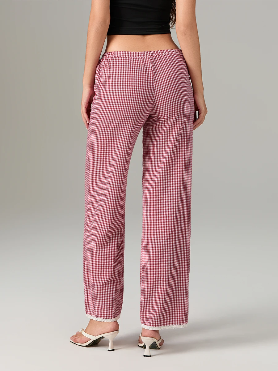 Women Wide Leg Pants Casual Plaid Print Loose Elastic Waist Trousers for Work Office Streetwear