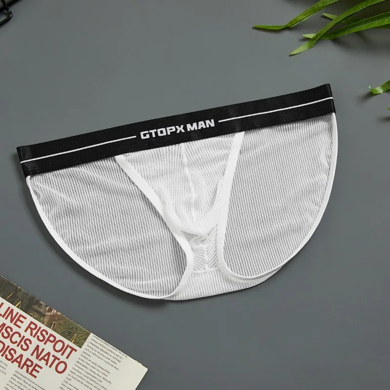 Underwear Men Sexy Low Waist Transparent Briefs Striped Ice Silk Mesh U Convex Thin Breathable Underpanties Ropa Interior Hombre
