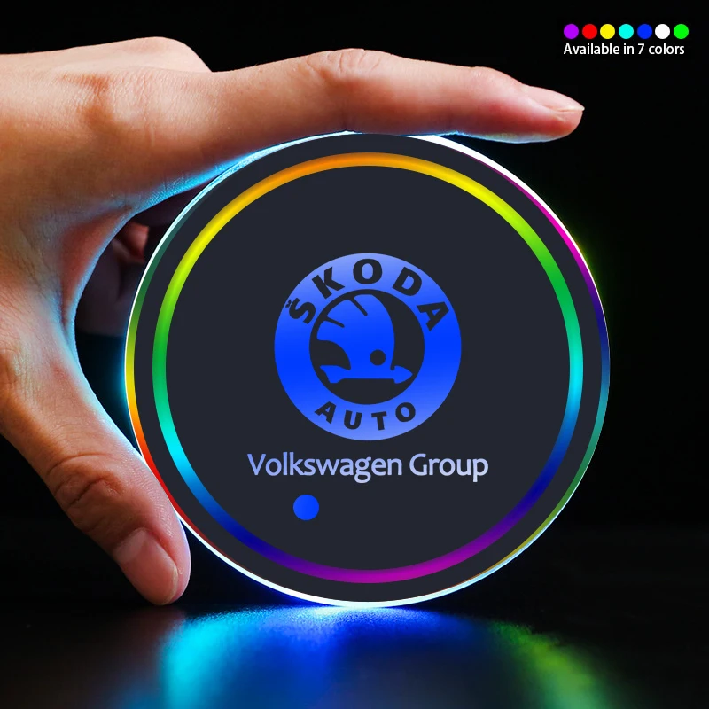 LED Luminated Car Water Cup Coaster Interior Atmosphere Light Coaster For Skoda Octavia S Fabia Rapid Yeti Superb A5 A7 VRS VII