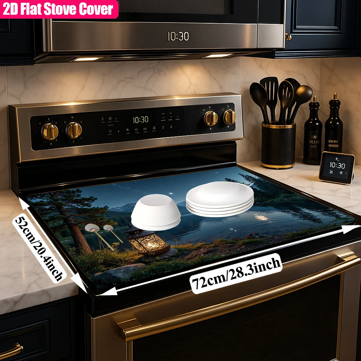 Moonlit Mountain Lake Stove Top Cover,Non-Slip Heat Resistant Burner Mat,Easy Clean Kitchen Stove Decor for Electric & Gas Stove