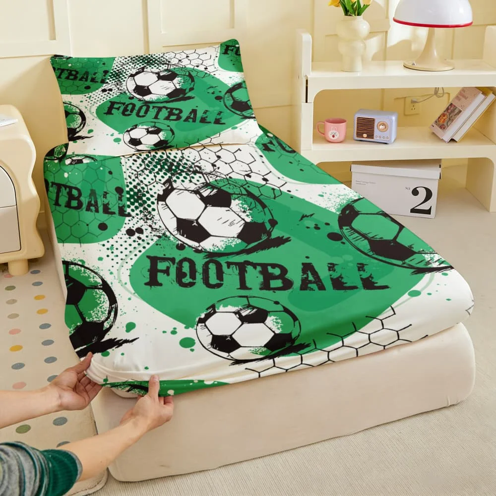 1pc Green Soccer Football Print Fitted Sheet Deep Pocket Elastic Mattress Cover Single Double Queen King Bedroom Decor
