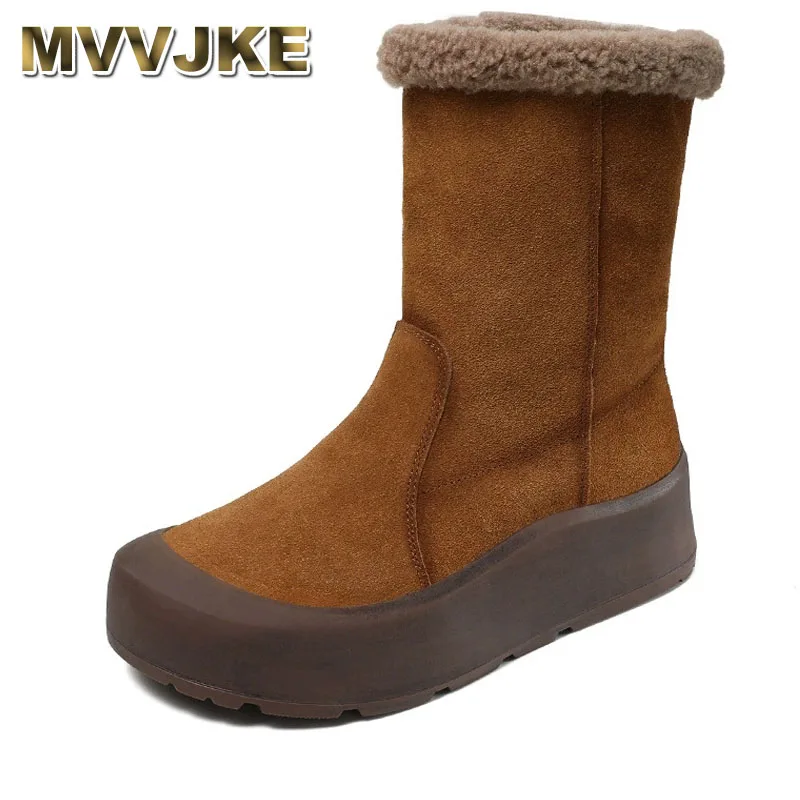 

Зимние зимние ботинки ручной работы в стиле ретро для женщин, качественные замшевые кожаные слипоны на толстой подошве, теплые ботинки до середины икры на плоской платформе