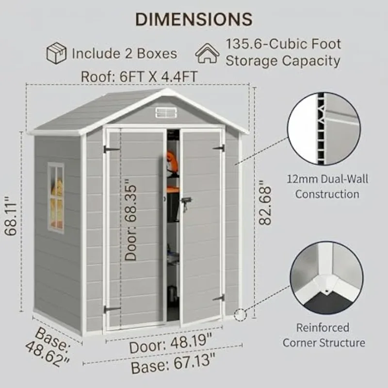 Gizoon 6x4.4 FT Resin Storage Shed with Floor, Outdoor Plastic Shed, Grey | All-Weather Plastic Garden Tool Shed with Floor