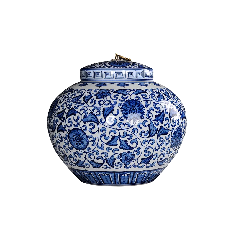 Blue and white porcelain hand-painted large tea jar, ceramic warehouse, Pu'er set, handmade household storage