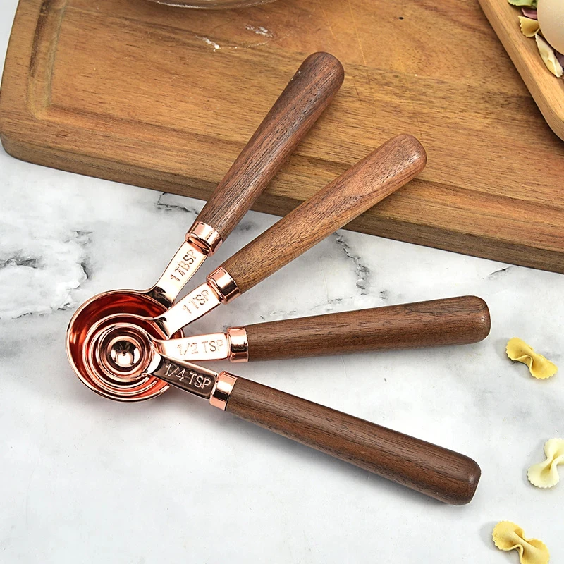 4pcs/Set Stainless Steel Measuring Cups Kitchen Dosing Spoons Set Wooden Handle Kitchen Milk Coffee Cake Baking Measuring Spoon