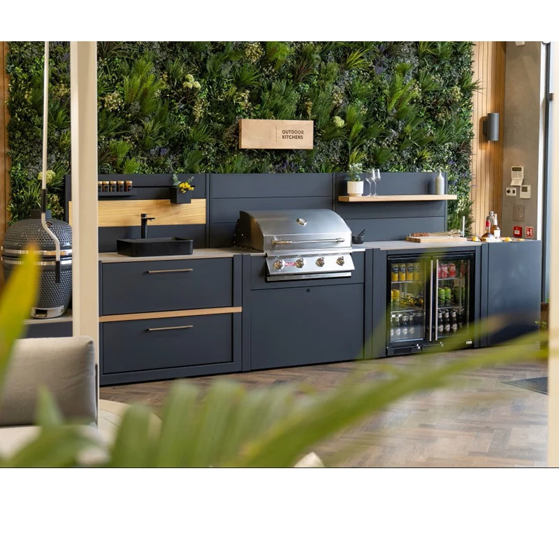Outdoor Kitchen Customized  Garden/courtyard Weatherproof  Set with Bbq and Fridge L-shaped Outdoor Kitchen with bar and Pergola