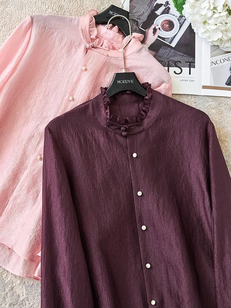 

Red Wine Color Shirt Long Sleeve Stand Collar Pearl Fabric Paper Man Earlet Women's Business Casual Polyester Fiber