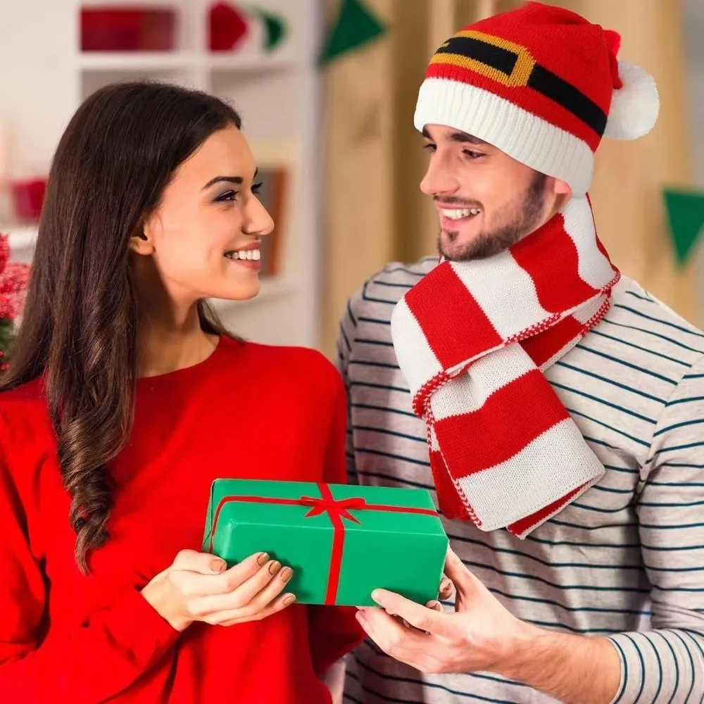 Thermal Yarn Christmas Hat Scarf Striped Pattern Plush Pom Knitted Holiday Scarf Bright Colors Gloves Santa Claus Beanie
