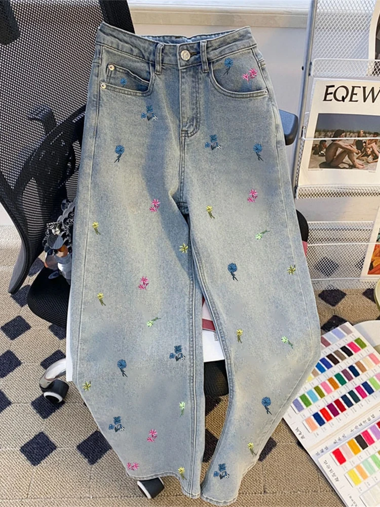 

SummerCasualHigh Waist Loose Straight Jeans Floral Printed Multifunctional Straightleg Trousers forBoth Mens And Womens Wide Leg