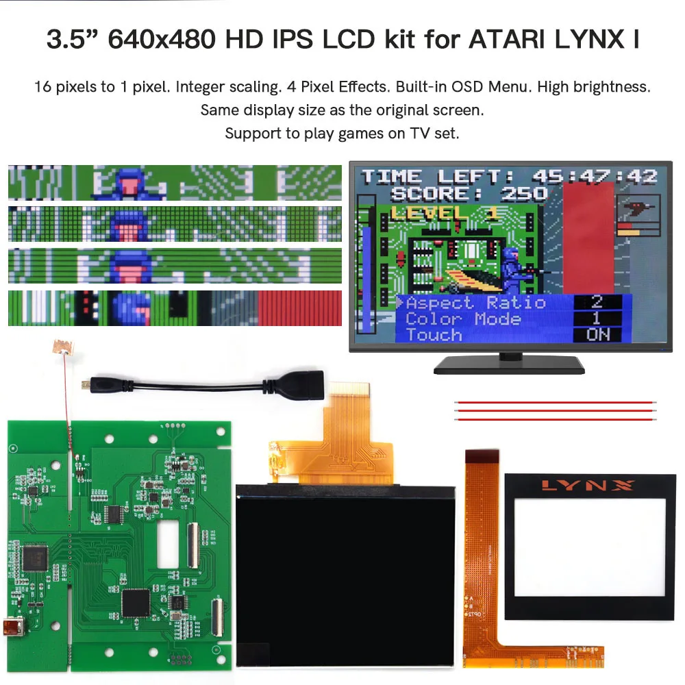 Hispeedido لـ ATARI LYNX I 640x480 3.5 "IPS LCD ريترو بكسل HD شاشة HDMI-متوافق مع وحدة تحكم ألعاب ATARI LYNX I