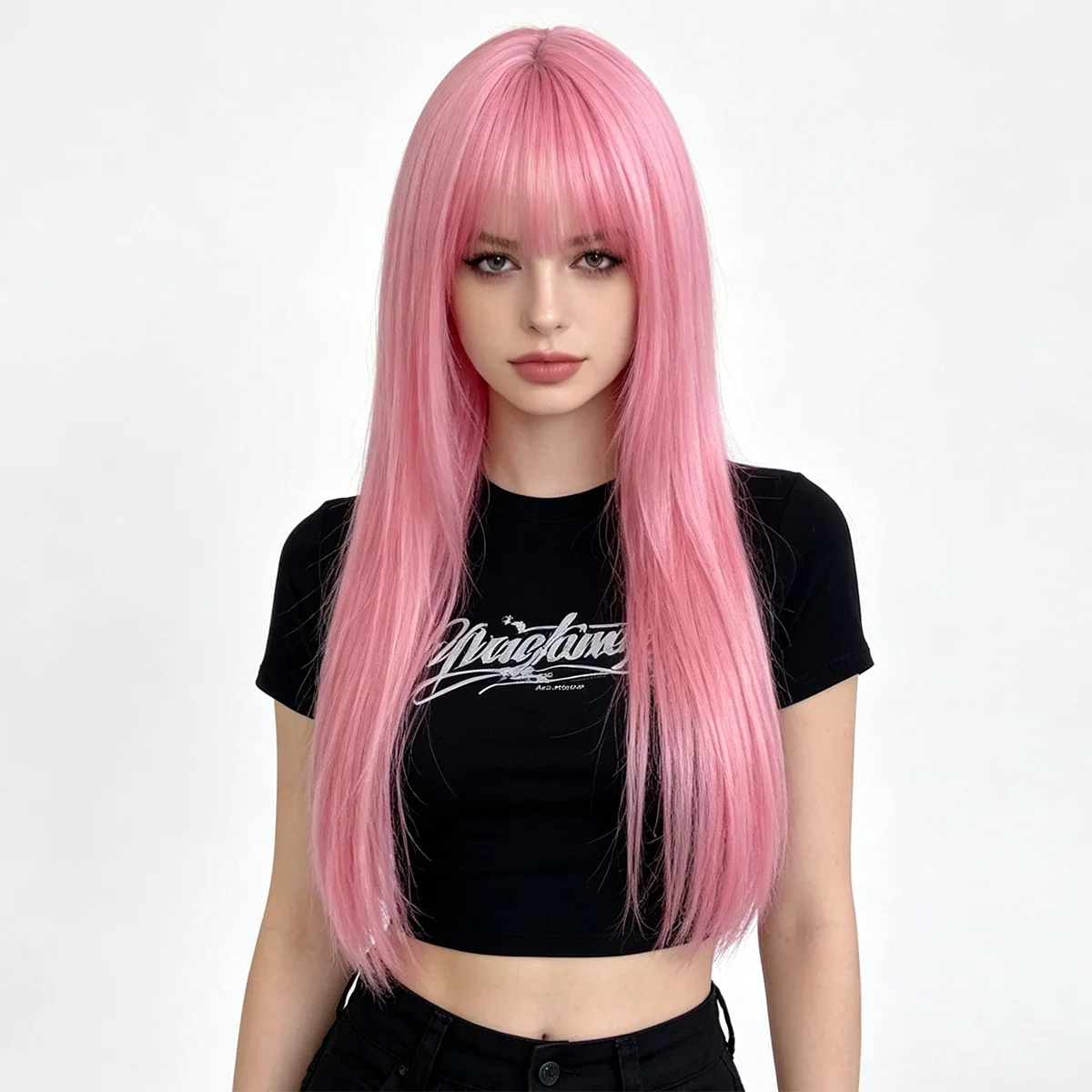 Best-selling pink straight hair synthetic wig for Halloween cosplay, everyday use wig, high-temperature silk wig set