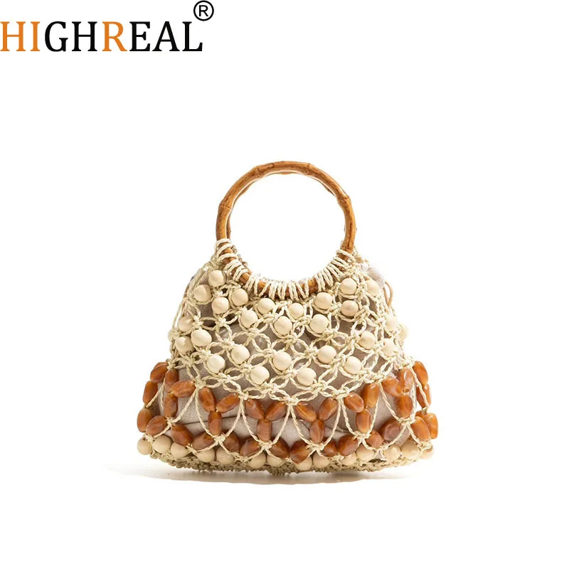 

New Rope Crochet Beach Bag Handmade Beading Women Bag Bamboo Handle Handbags and Purses Hollow Travel Woven Straw Bags for Women