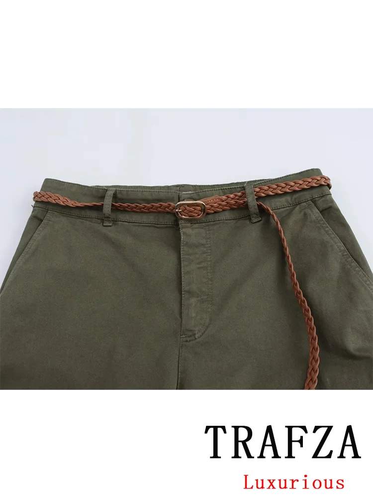 TRAFZA Casual Chic Vintage Women Pants Solid Sashes Pockets Zipper Straight Pants Fashion 2024 Autumn Office Lady Trousers