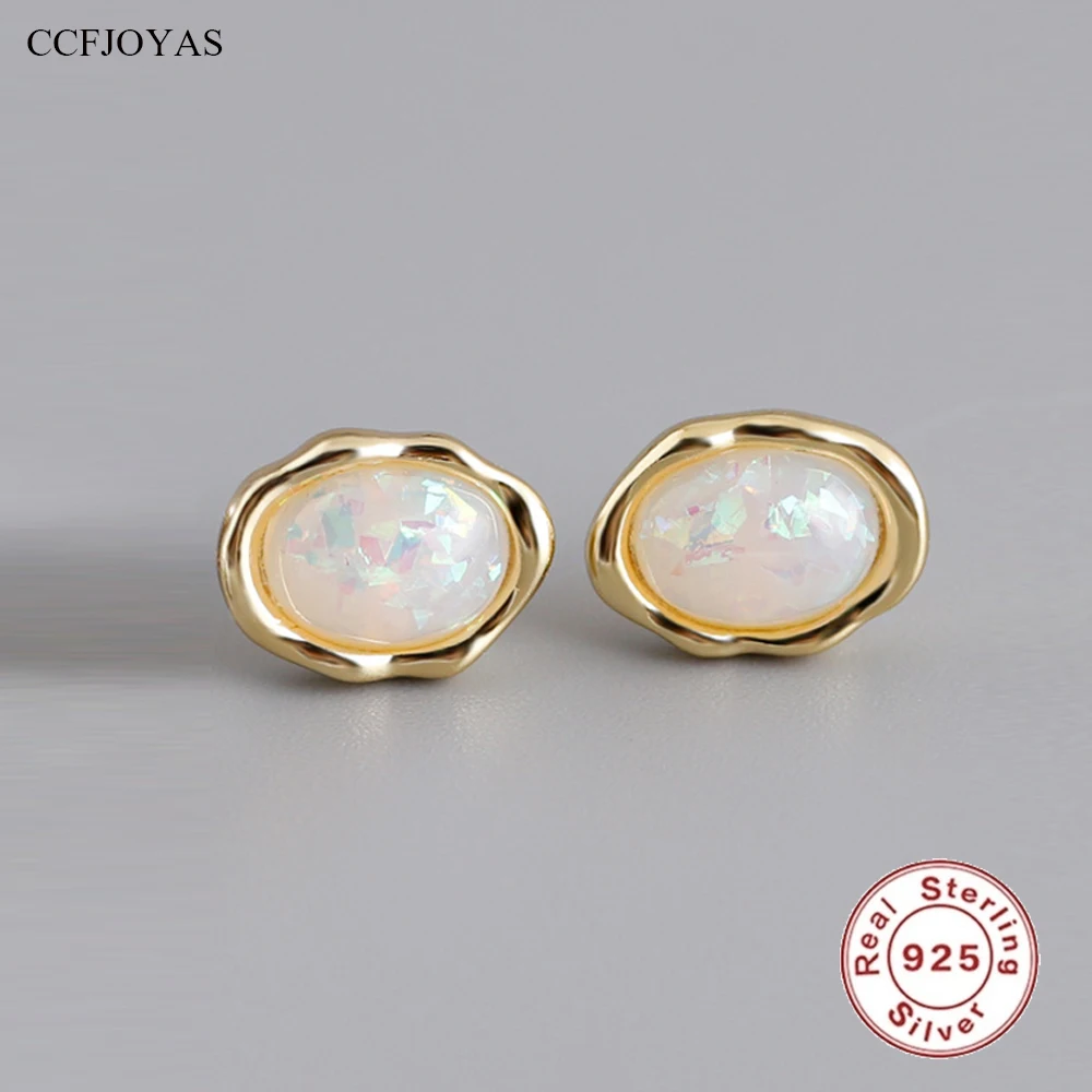 CCFJOYAS 925 Sterling Silver Oval Colorful Opal Stud Earrings for Women 18k Gold Plated European and American Fashion Jewelry