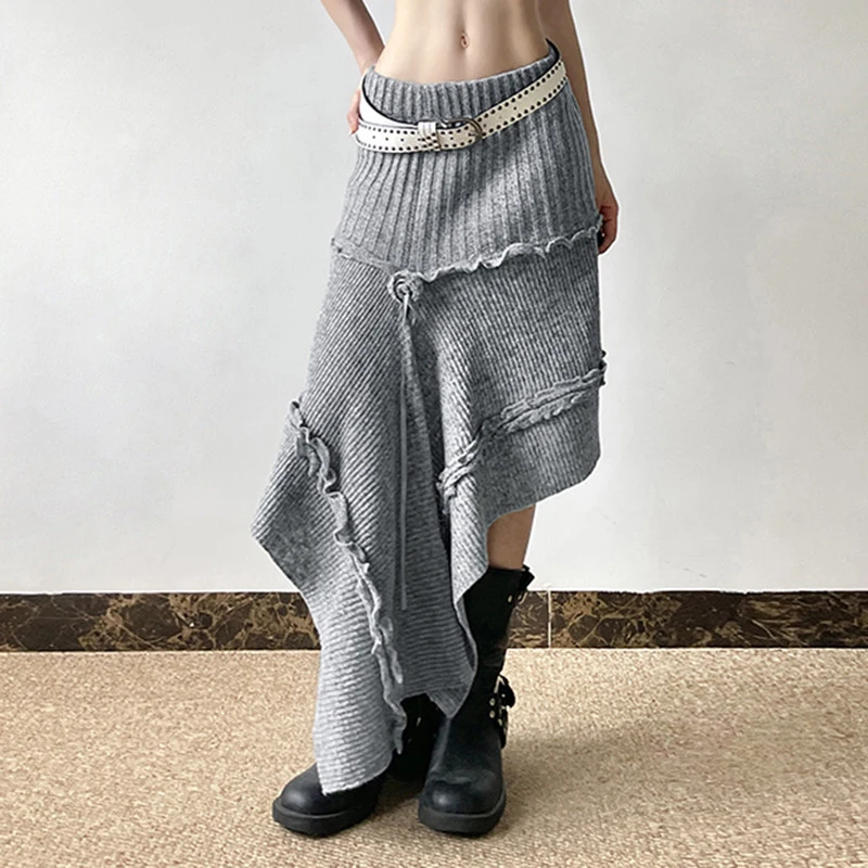 MEXZT Y2K Flower Knitted Midi Skirt Women Vintage Harajuku Asymmetrical Skirt Winter Sexy Gyaru Grunge Design A Line Faldas New