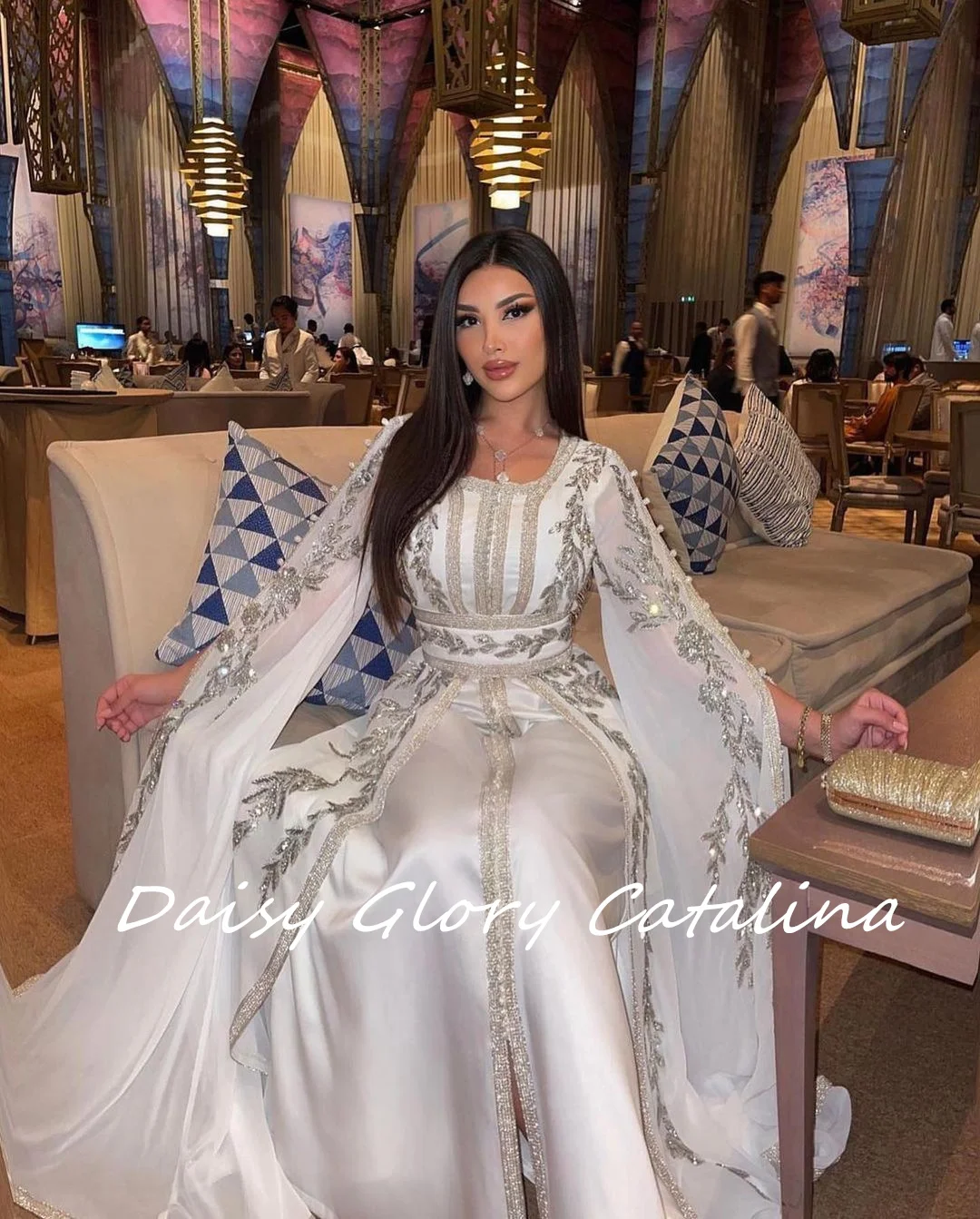 Arabia Appliques Prom Dresses Gala Long Sleeves Square Neckline Front Split Tassels New Formal Evening Dresses Party Gown 2024