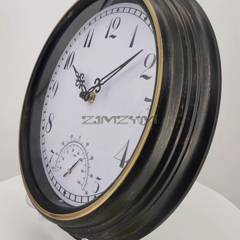 12Inch Wall Clock Waterproof with Thermometer Retro Wall Clocks Battery Operated for Patio Pool Garden Home