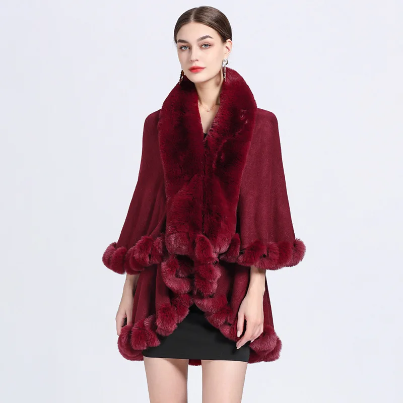 Autunno inverno nuova imitazione lontra collo di pelliccia di coniglio scialle Cardigan lavorato a maglia cappotto allentato poncho mantelle donna mantello rosso