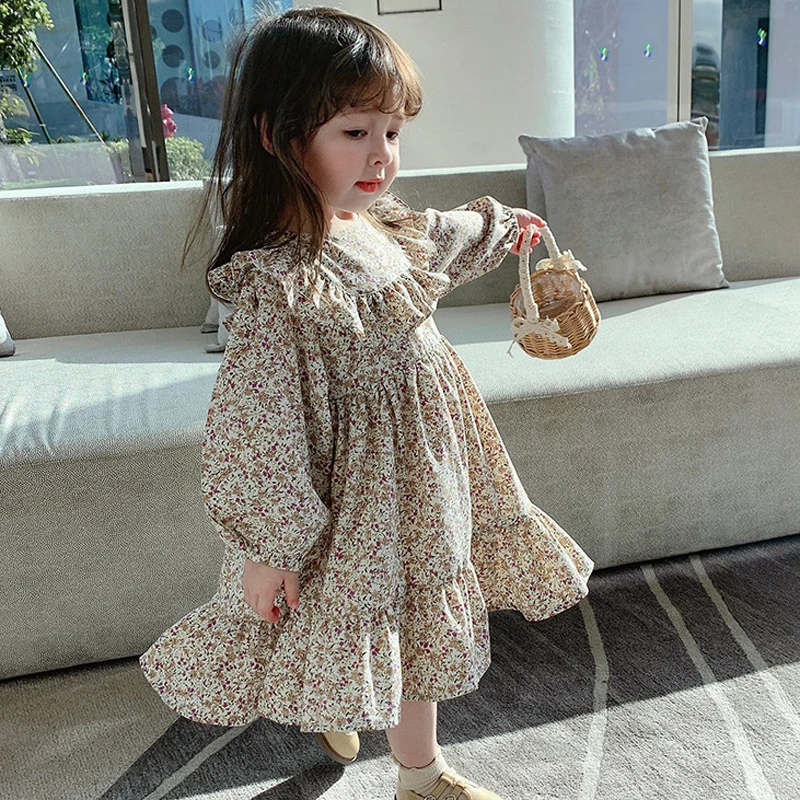 Girls Floral Princess Dress Spring Autumn New Pleated British Style Children\'S Clothing Pastoral Style Girls Fashion Kids Outfit