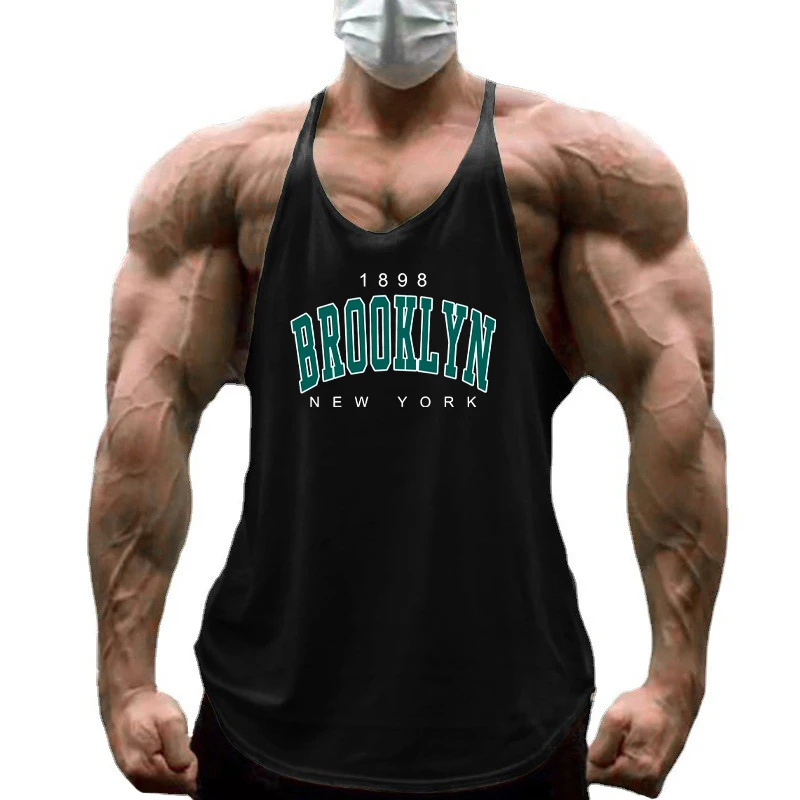 1898 Brooklyn New York Print Gym Fitness Shirt Cotton Breathable Sleeveless Sport Vests Men Bodybuilding Muscle Y-back Tank Tops