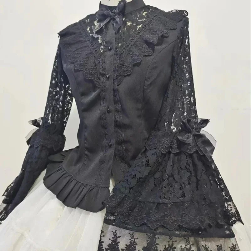 

Женские викторианские винтажные кружевные блузки с длинными рукавами и бантом, готические рубашки в стиле Лолиты Y2k, японские элегантные черные, белые шикарные тонкие топы