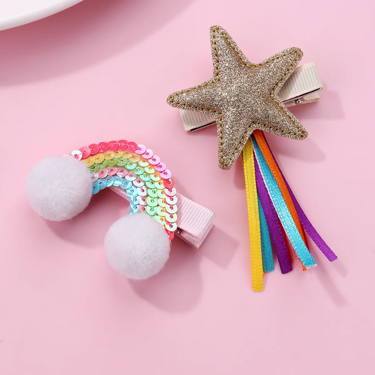 10Sets Glitter Star with Tassels Hairpins Sequin Rainbow PomPom Hair Clips Fashion Headwear Boutique Hair Accessories for Girls