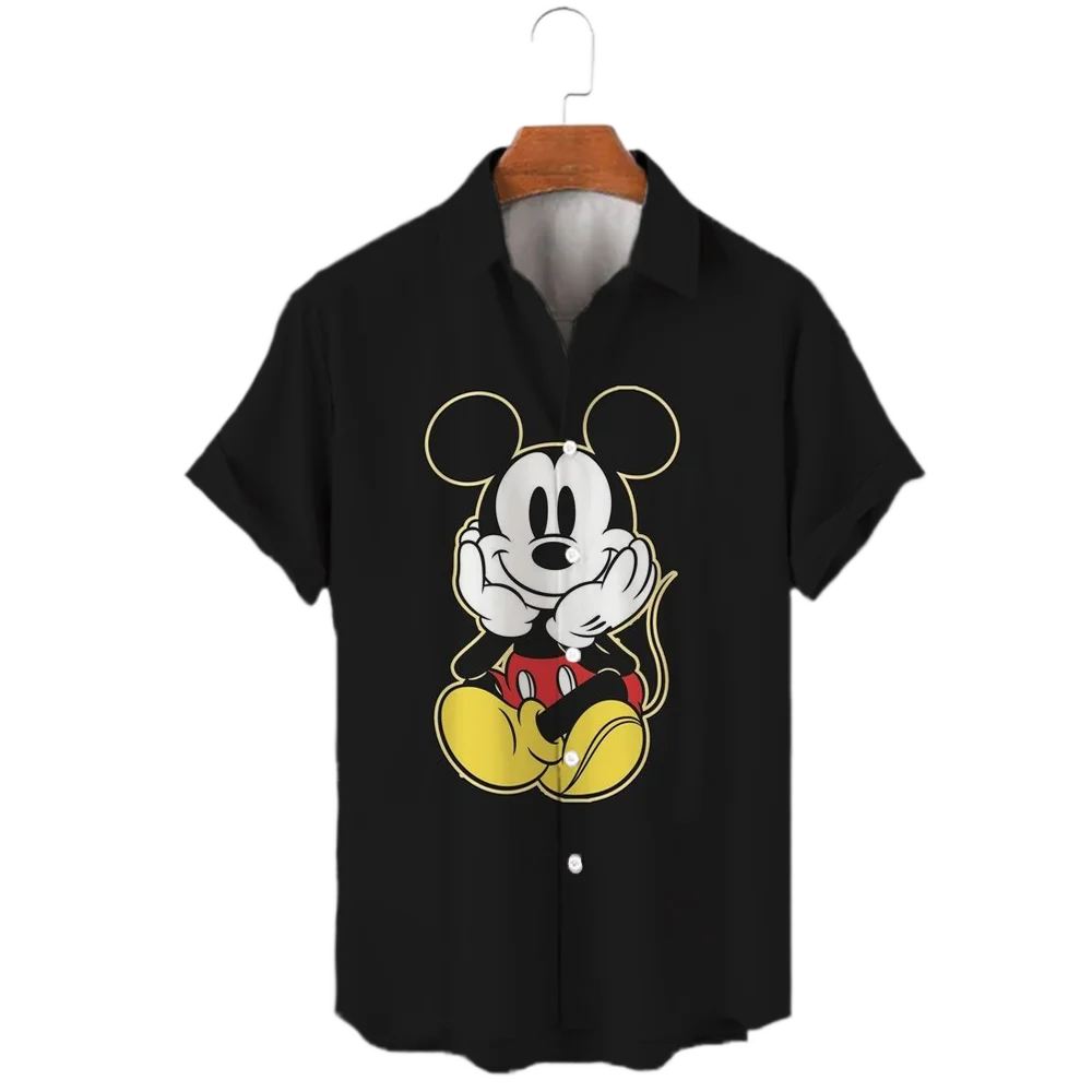 Neue 2023 Sommer Disney Harajuku Slim Fit 3D Druck Männer Taste Kurzarm Revers Mickey Minnie Casual Nettes Hemd y2k