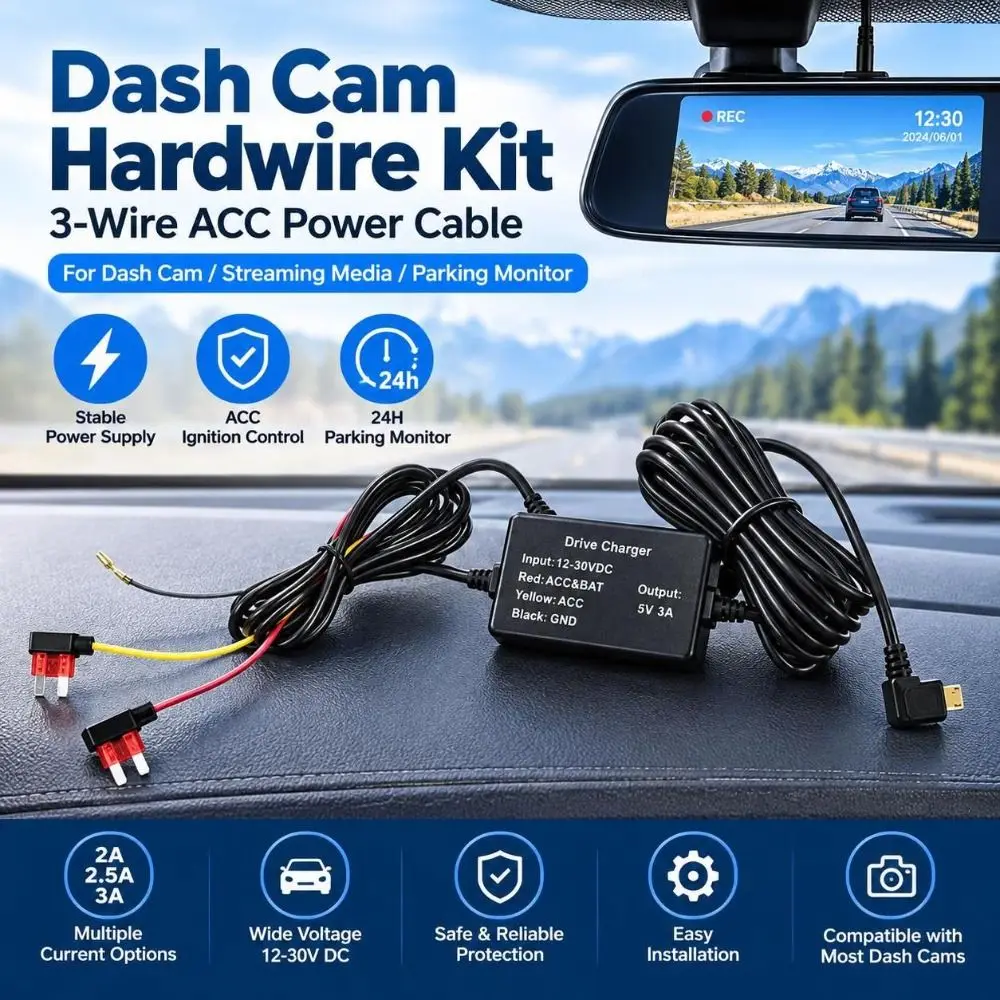 12-30V Input Dash Cam Hardwire Kit 5V/3A Output Parking Monitoring Dashcam Power Cable Low Voltage Protection Type-C USB Port