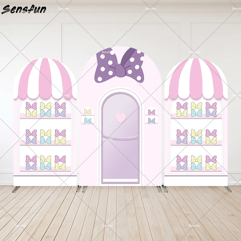 

Minnie Bowtique Arch Backdrop Cover Girl Baby Shower Party Banner Wall Bows Ship Birthday Background Photobooth Doubleside Print