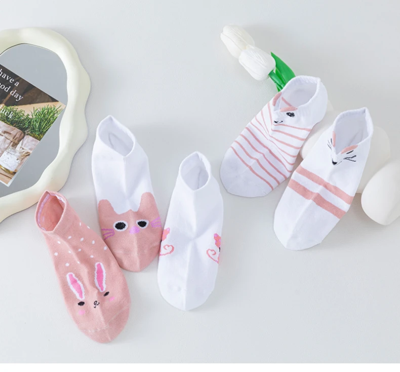 5 Paar kurze Damensocken, Pink Cat Thin, niedliche Ganzjahres-Bootsocken, Slow Top, modische Bootsocken – Detail 15