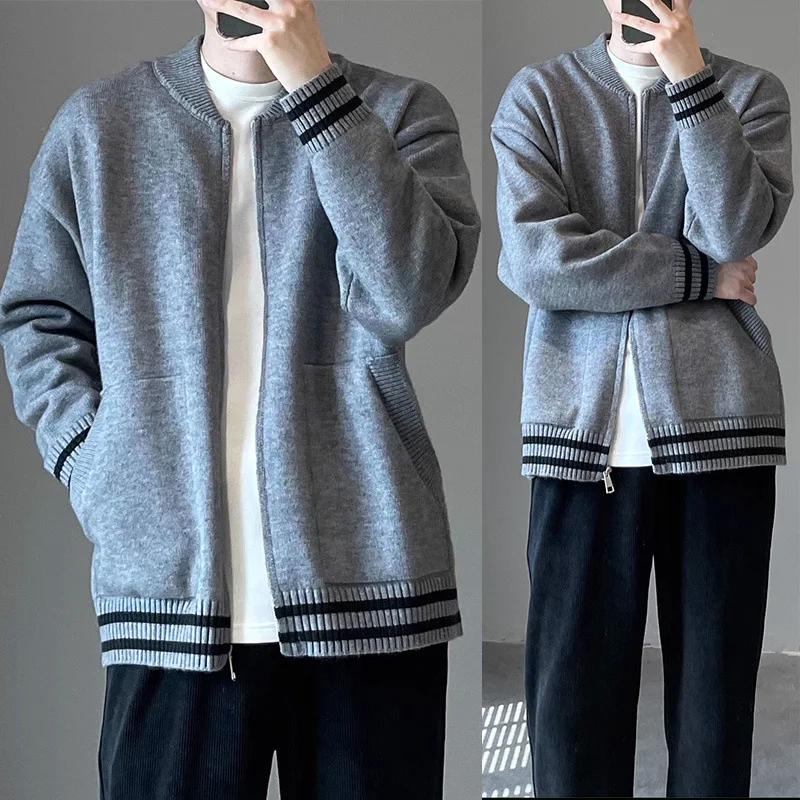 Autumn Winter Color-Block Zip-Up Baseball Cardigan Men Women Loose Knit Casual Outerwear