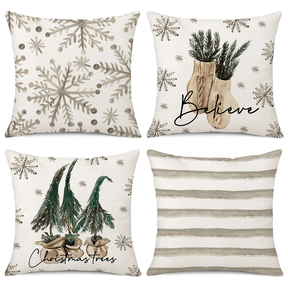 

Festive Pillow Case - Linen Printed Snowflake & Xmas Tree Cushion Cover - Perfect Holiday Home Decoration
