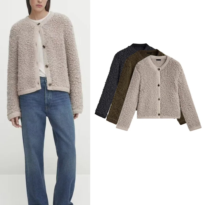 

Женский свободный укороченный вязаный кардиган MD, новинка 2024 года, с пуговицами, из петлевой пряжи, с открытым передом, из полиэфирного волокна, с длинными рукавами