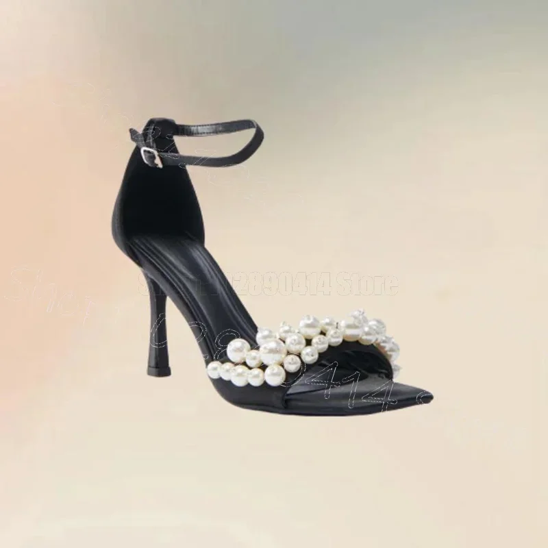 

White Pearl Decor Black Open Toe Sandals Buckle Strap Women Shoes Thin High Heels Party Banquet Dating 2025 Zapatos Para Mujere