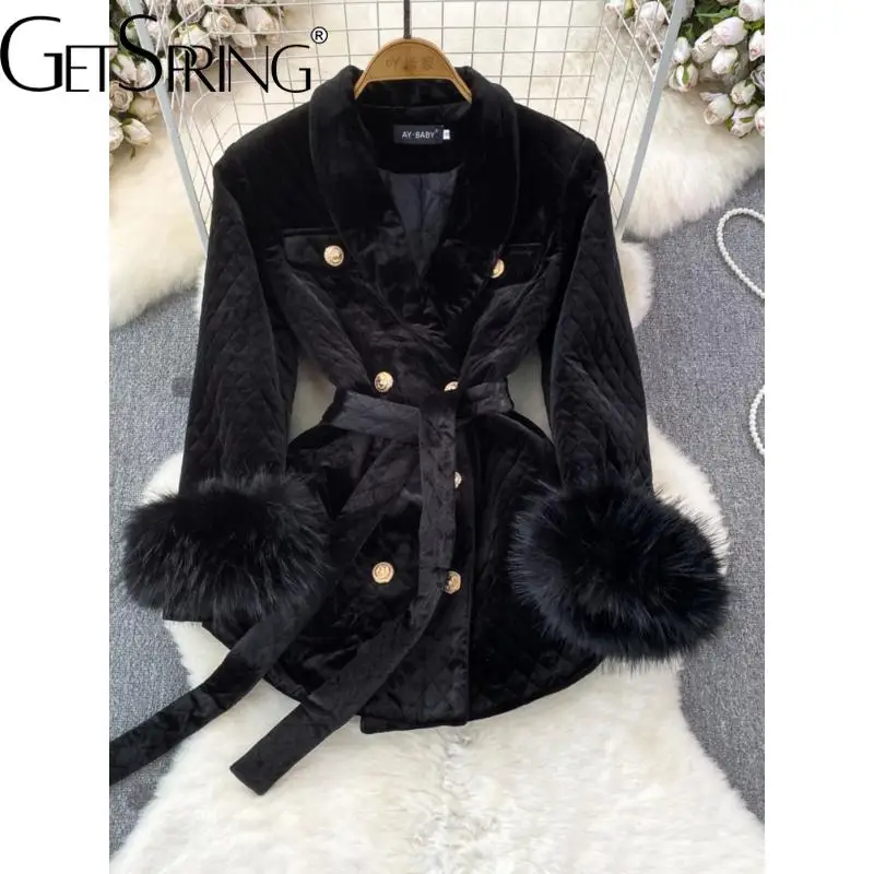 GetSpring Women Jacket 2024 Autumn Winter New Fashionable Double Breasted Lace Up Black Velvet Coat All Match Warm Female Tops