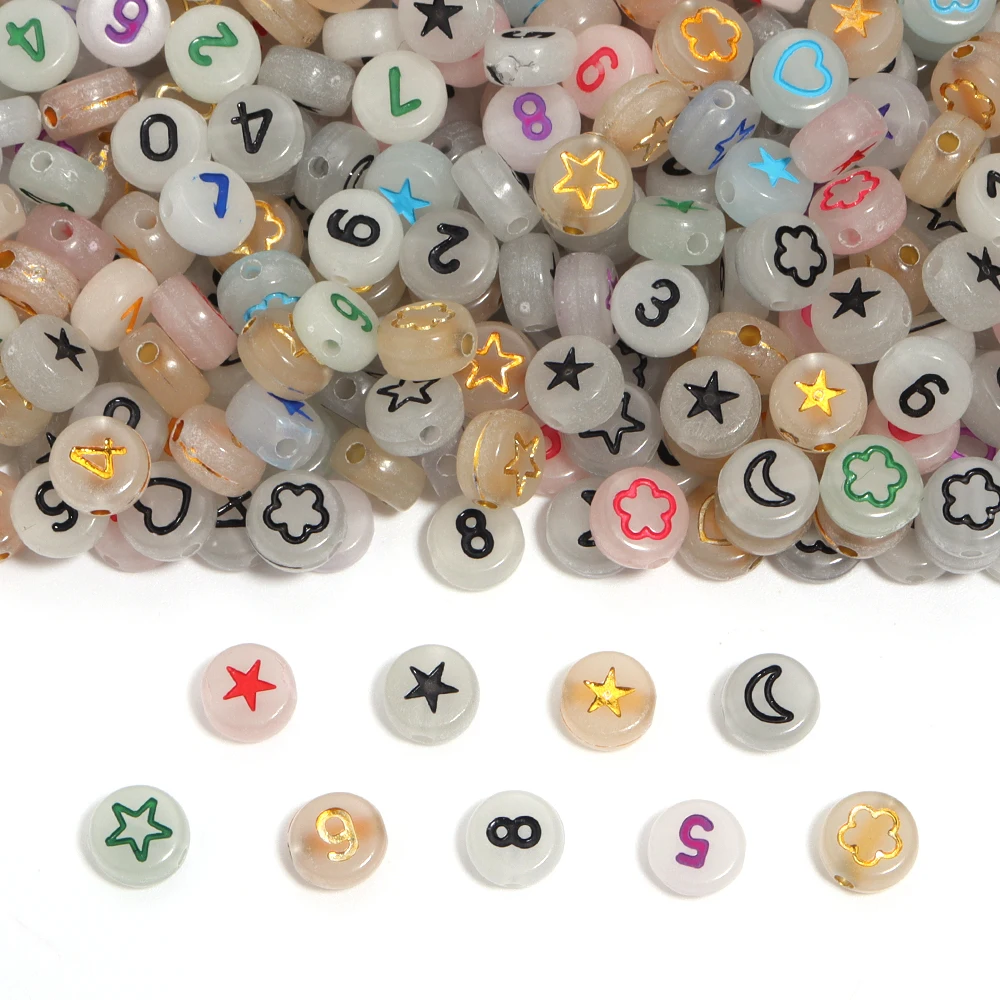 100pcs 7mm Mixed Happy Letters Luminous Acrylic Beads Round Heart Flower Pattern Square Beads For Jewelry Making Diy Bracelet