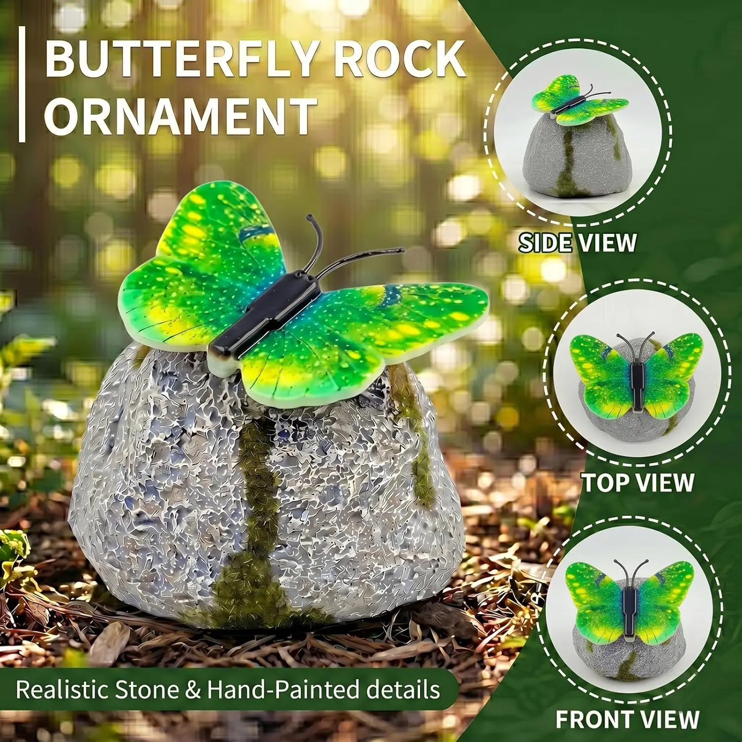 Resin Solar Butterfly Garden Statues Outdoor Fake Stone Moss Art Figurine Waterproof Lawn Ornament