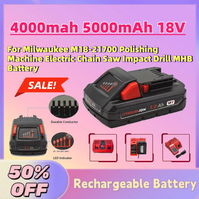 High-capacity 4000mah 5000mAh 18V Battery for Milwaukee M18-21700 Polishing Machine Electric Chain Saw Impact Drill MHB Battery