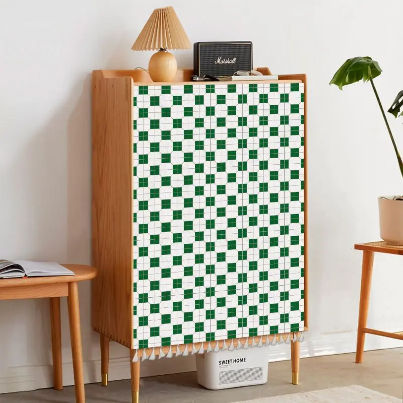 VIKAMA Checkered Cabinet Cover Curtain Green & White Gingham No-Drill Hook-and-Loop Tassel Cupboard Shelf Storage Decor
