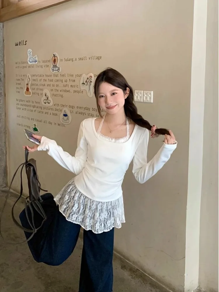 เสื้อยืดผู้หญิง Lace Patchwork ปลอม 2 ชิ้นน่ารักสไตล์ Halter Casual Kawaii เกาหลีสไตล์ Y2k High Street Slim สบาย