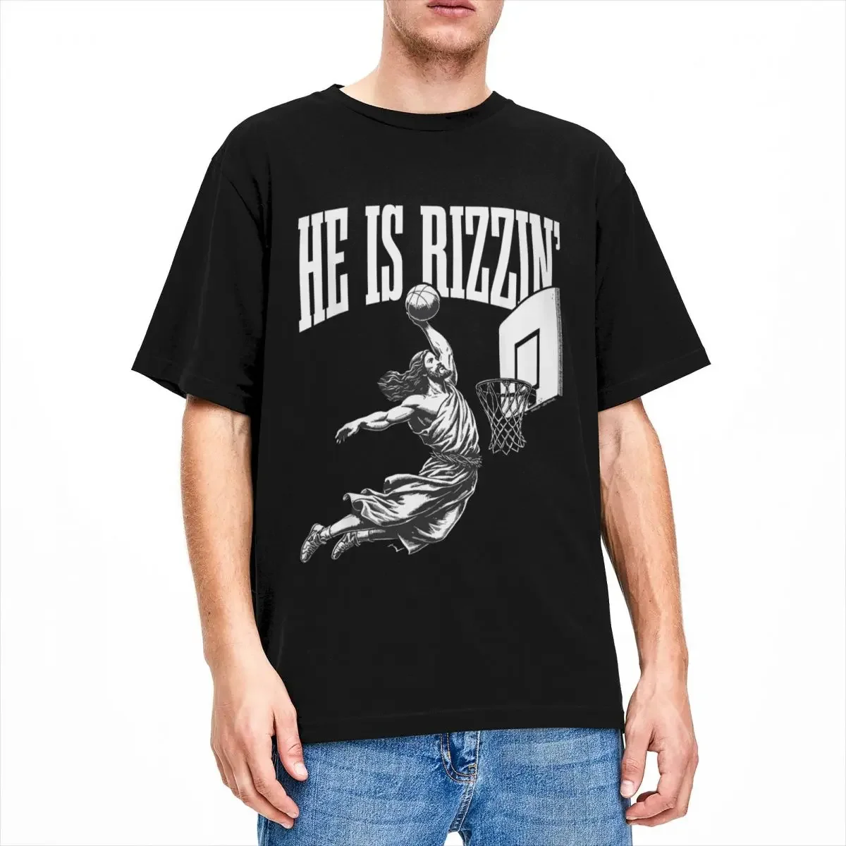 Summer Men Women He Is Rizzin Funny Basketball Meme T Shirts Easter Christ Christian Faith 100% Cotton Tops T-shirt Tees