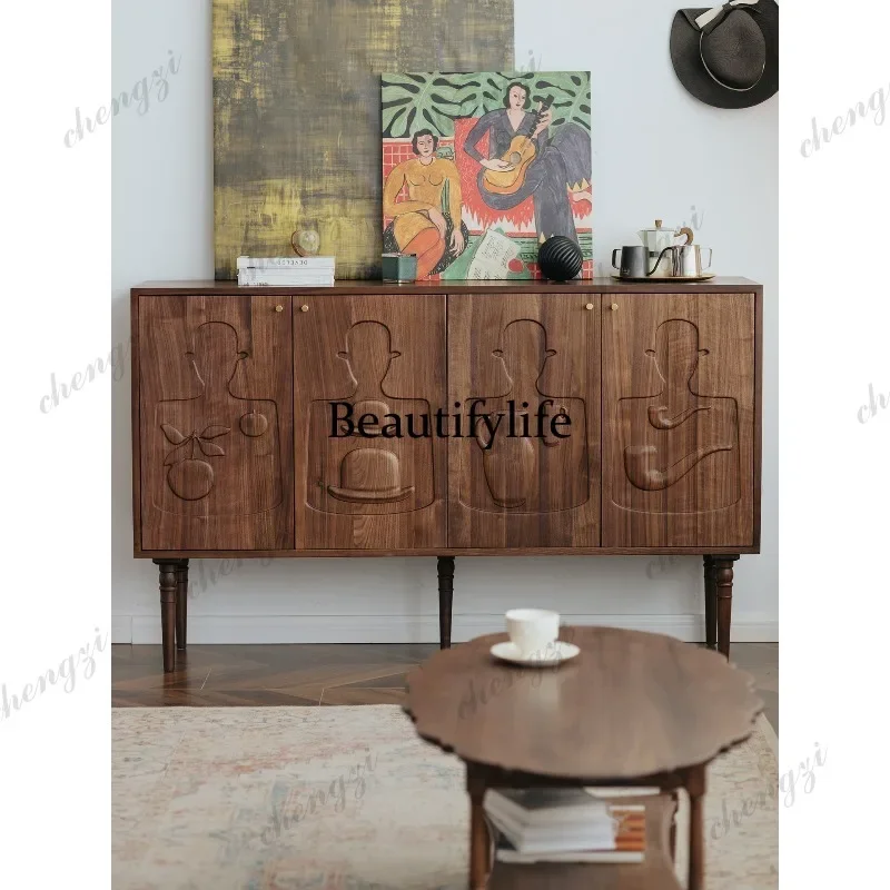 D132 Household porch cabinet Large capacity retro storage locker Black walnut solid wood relief cabinet